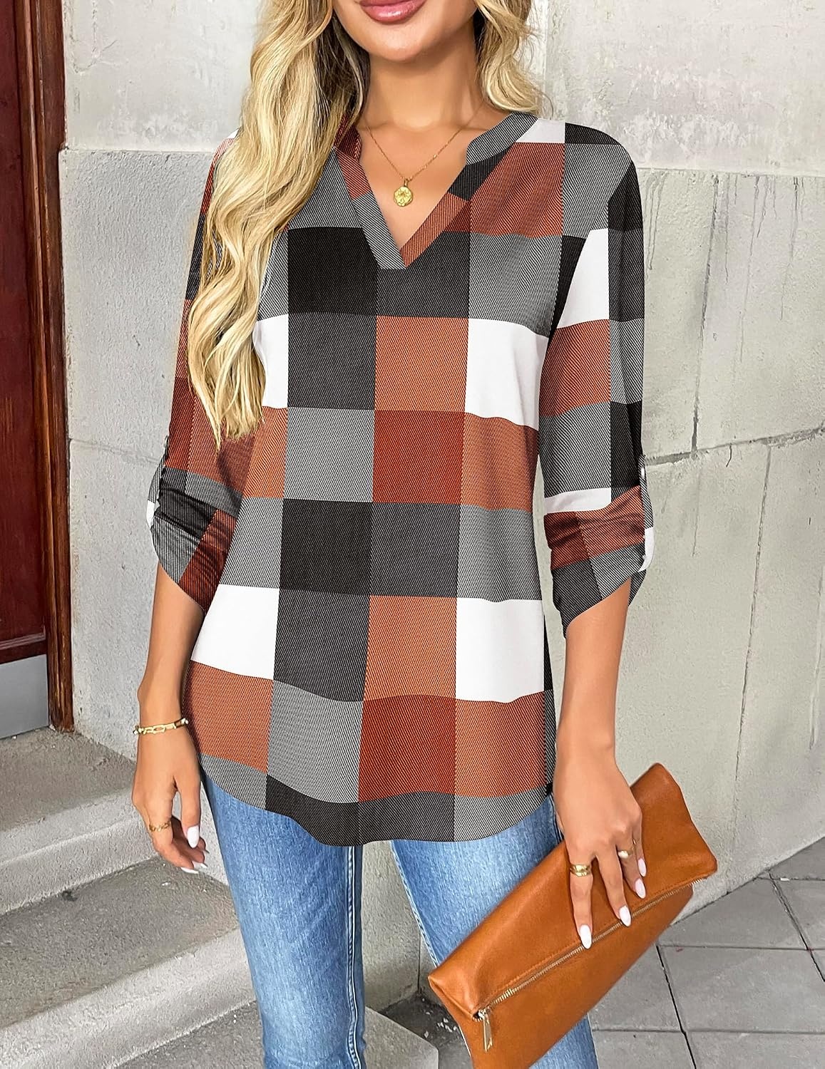 image:imageZeagoo Womens Roll Up Long Sleeve Tops V Neck Shirts Dressy Casual Work Blouses S2XLJh493