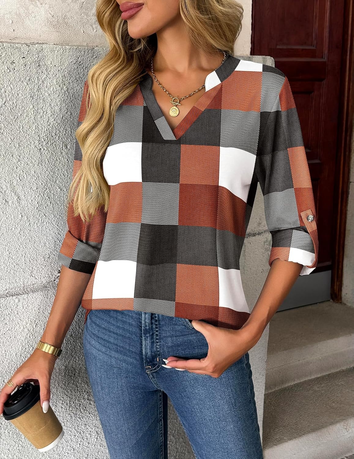 image:imageZeagoo Womens Roll Up Long Sleeve Tops V Neck Shirts Dressy Casual Work Blouses S2XLJh493