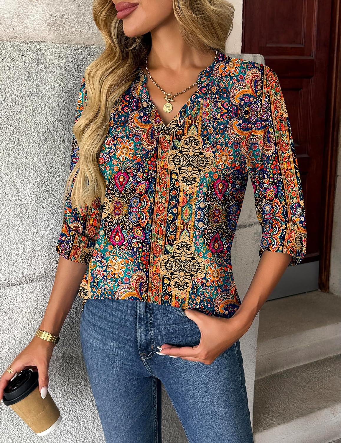 image:imageZeagoo Womens Roll Up Long Sleeve Tops V Neck Shirts Dressy Casual Work Blouses S2XLMz721
