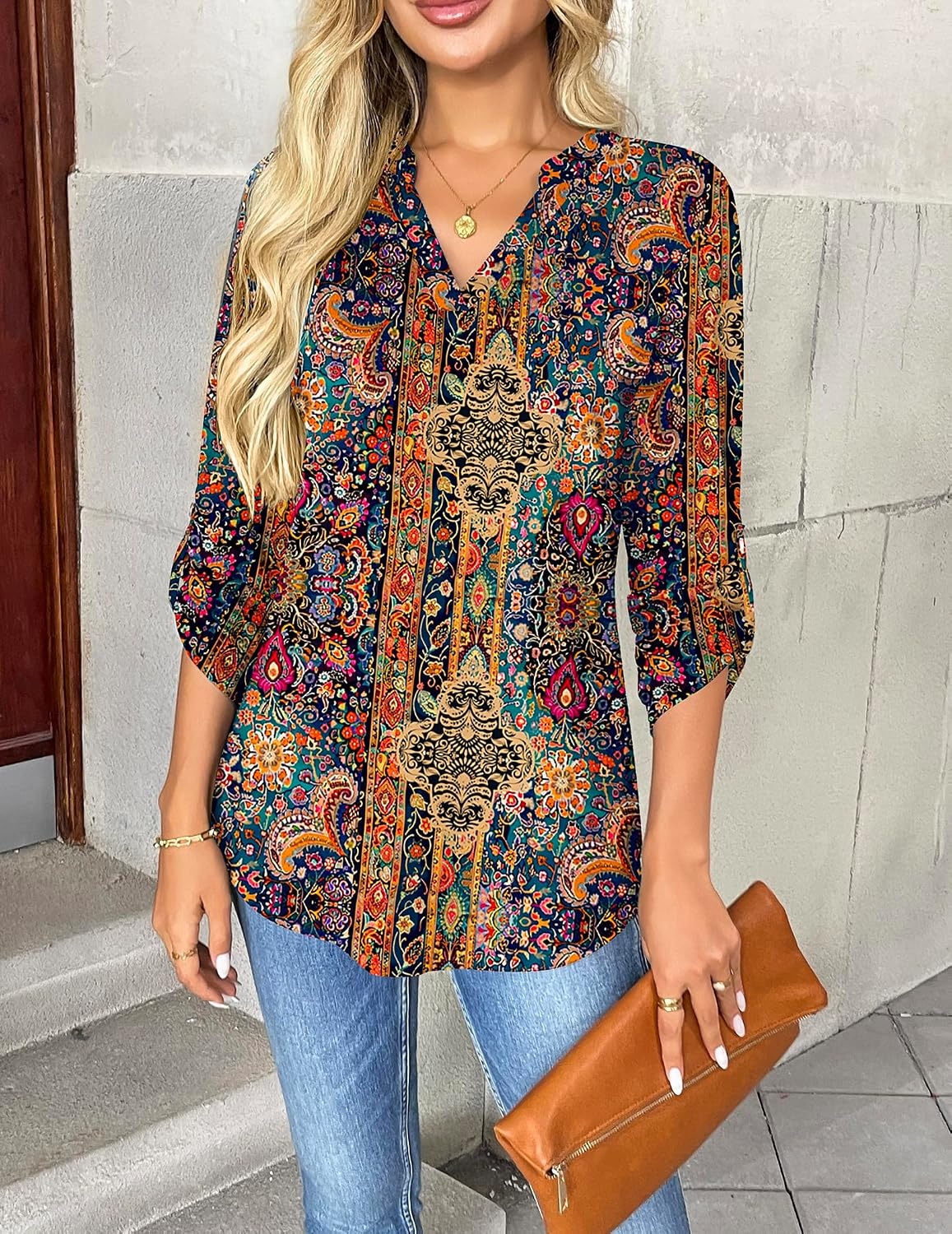 image:imageZeagoo Womens Roll Up Long Sleeve Tops V Neck Shirts Dressy Casual Work Blouses S2XLMz721