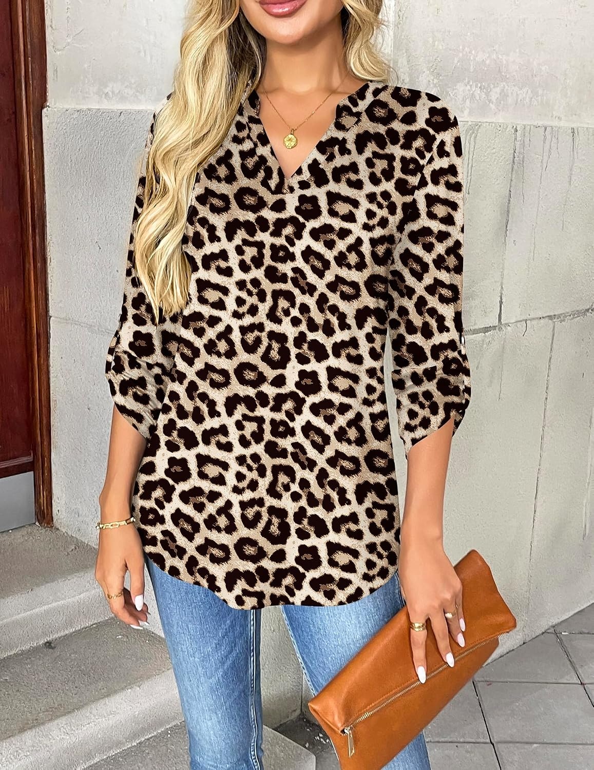 image:imageZeagoo Womens Roll Up Long Sleeve Tops V Neck Shirts Dressy Casual Work Blouses S2XLPa222