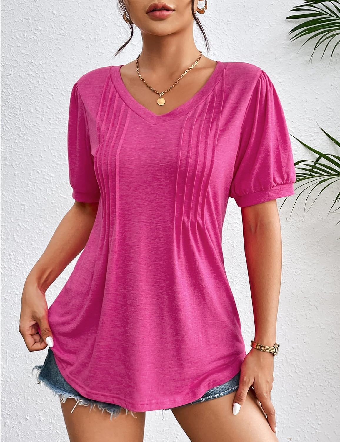 image:imageZeagoo Womens Summer Tops 2026 Puff Short Sleeve Shirts V Neck Tunic blouseAhot Pink