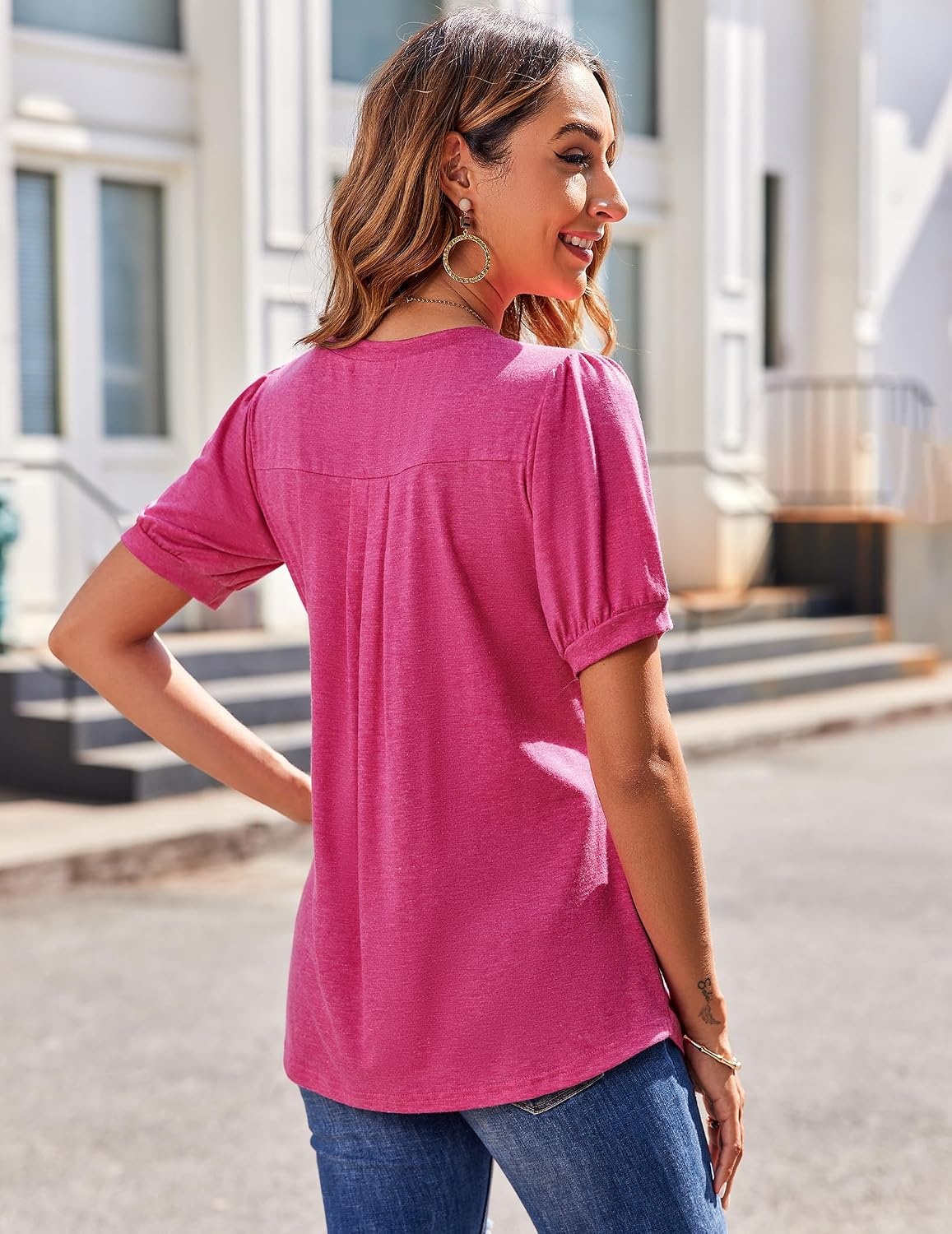 image:imageZeagoo Womens Summer Tops 2026 Puff Short Sleeve Shirts V Neck Tunic blouseAhot Pink
