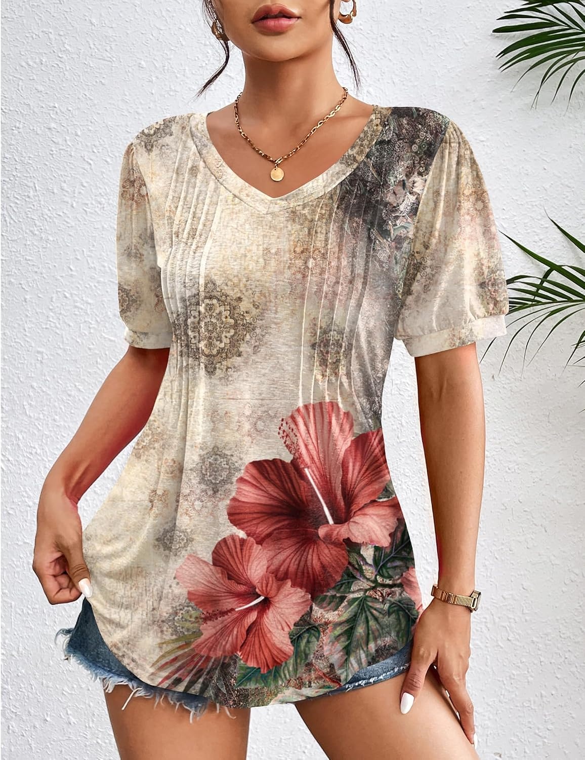 image:imageZeagoo Womens Summer Tops 2026 Puff Short Sleeve Shirts V Neck Tunic blouseApa275