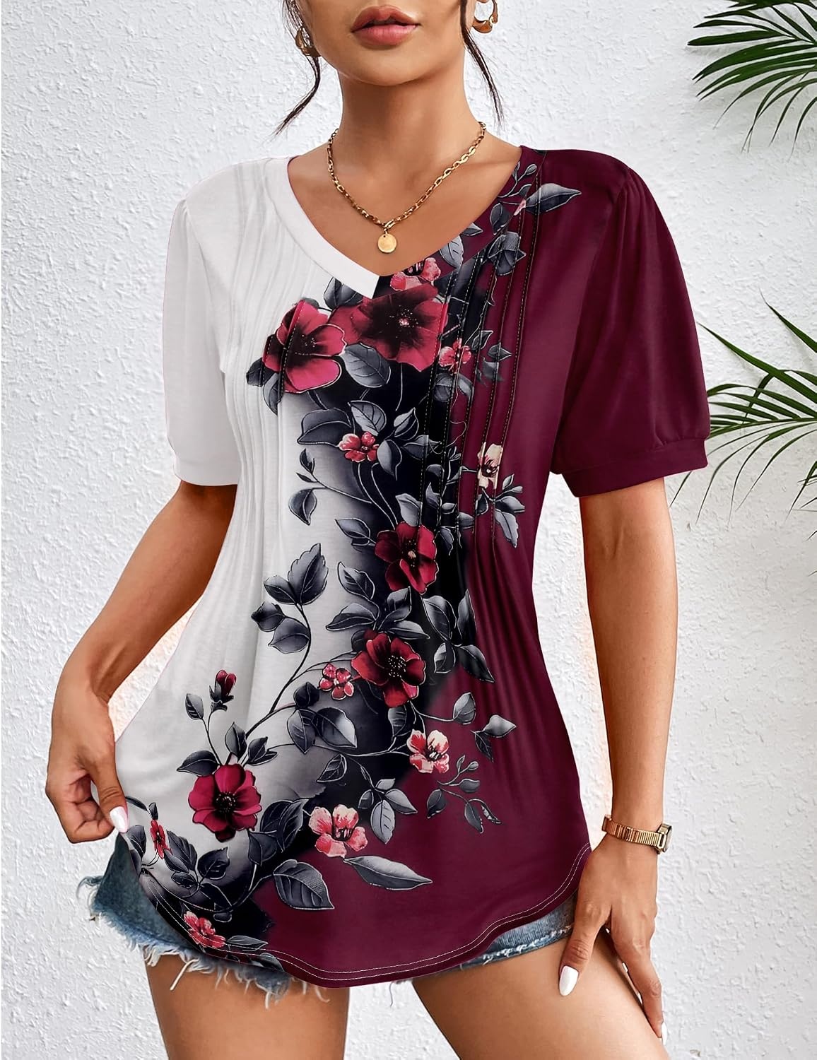 image:imageZeagoo Womens Summer Tops 2026 Puff Short Sleeve Shirts V Neck Tunic blouseBf183