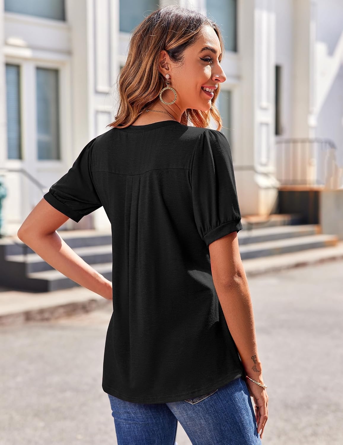 image:imageZeagoo Womens Summer Tops 2026 Puff Short Sleeve Shirts V Neck Tunic blouseBlack