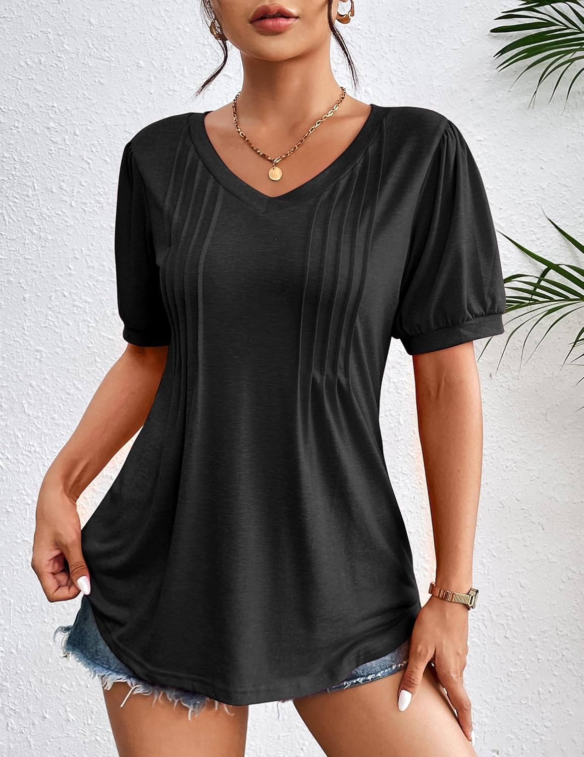 image:imageZeagoo Womens Summer Tops 2026 Puff Short Sleeve Shirts V Neck Tunic blouseBlack