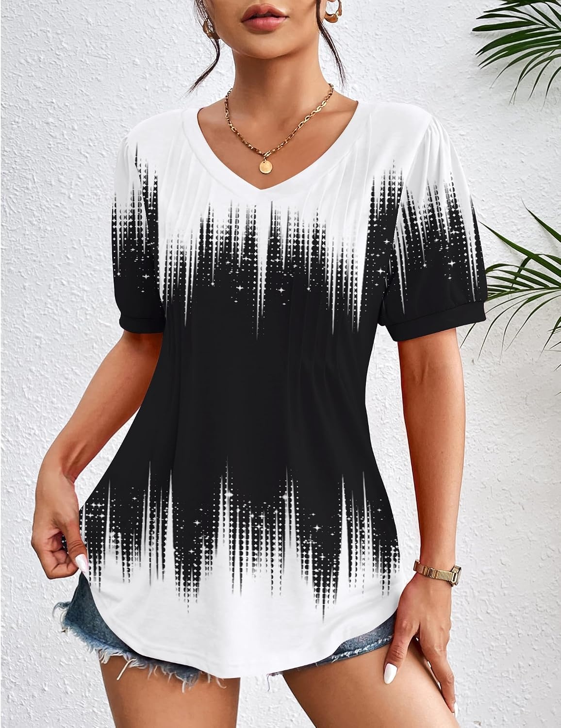 image:imageZeagoo Womens Summer Tops 2026 Puff Short Sleeve Shirts V Neck Tunic blouseBlack White Jb204