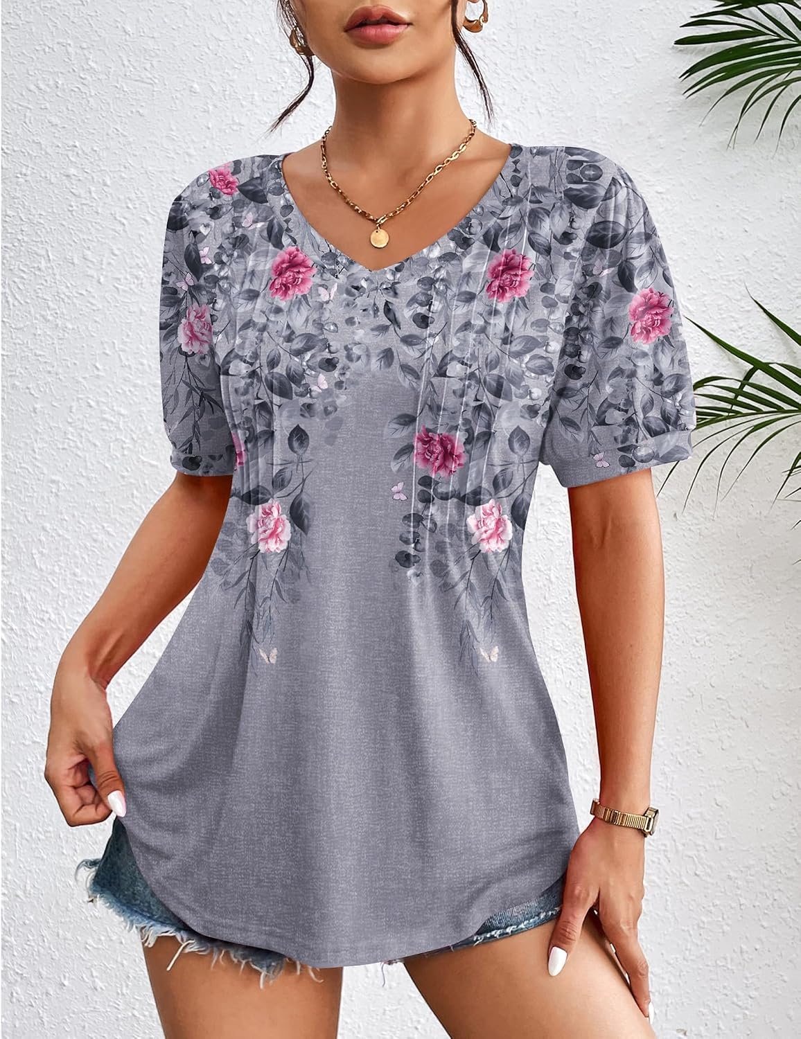 image:imageZeagoo Womens Summer Tops 2026 Puff Short Sleeve Shirts V Neck Tunic blouseFloral Grey Hf36