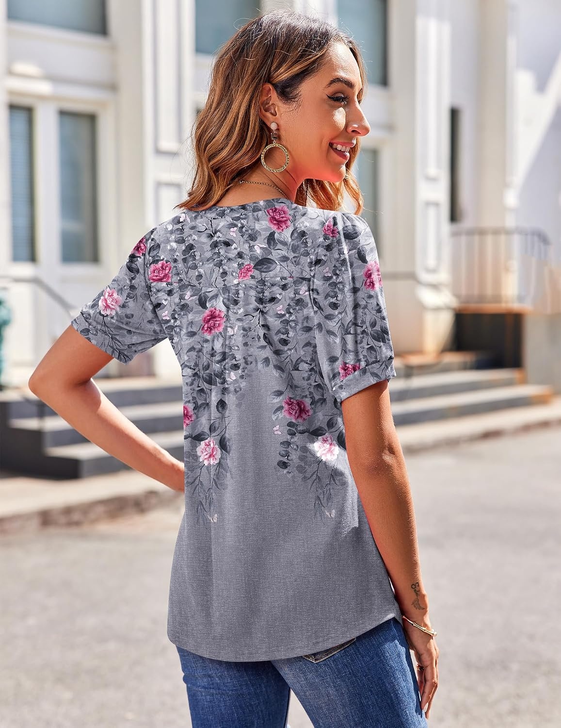 image:imageZeagoo Womens Summer Tops 2026 Puff Short Sleeve Shirts V Neck Tunic blouseFloral Grey Hf36