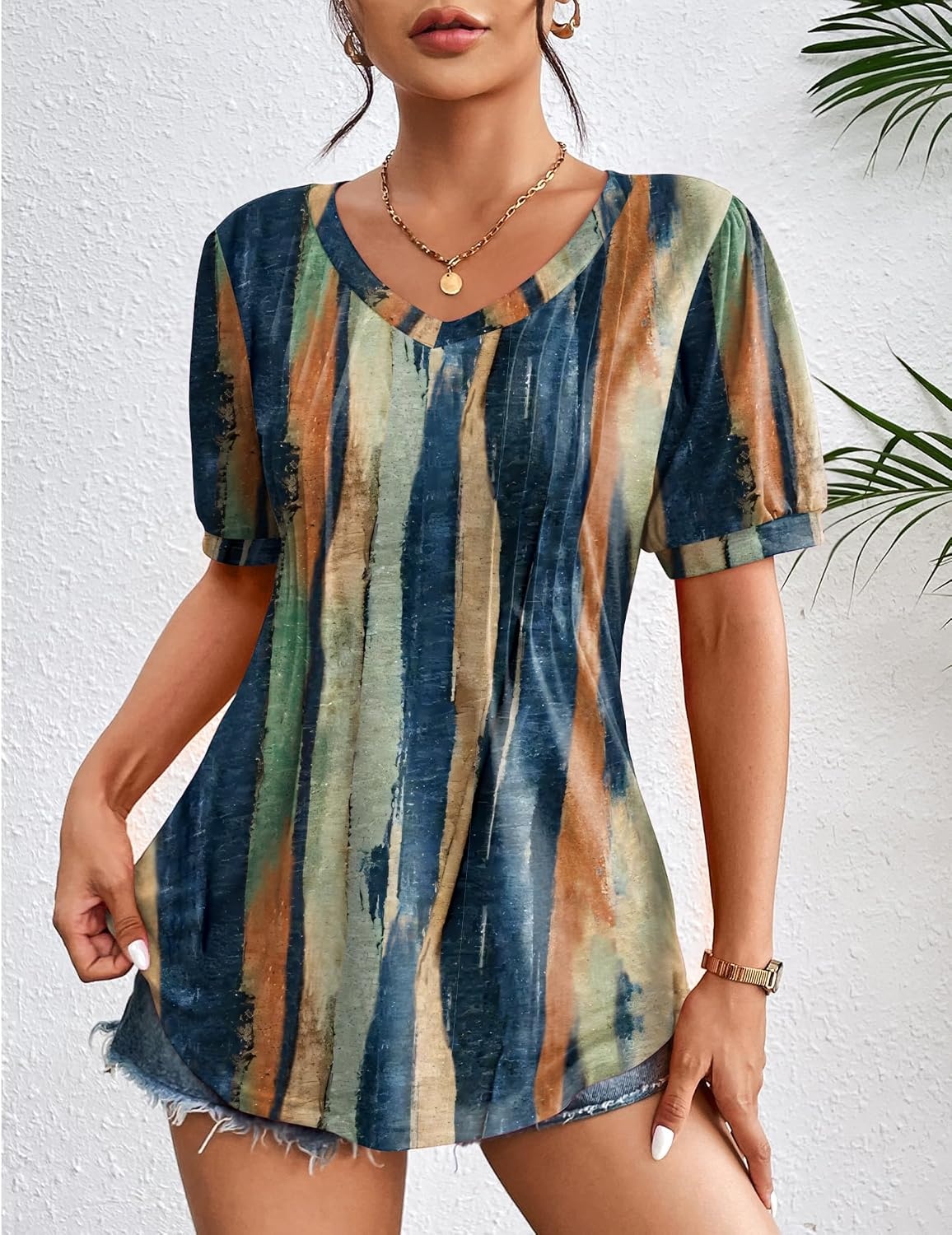 image:imageZeagoo Womens Summer Tops 2026 Puff Short Sleeve Shirts V Neck Tunic blouseMulticolor 289