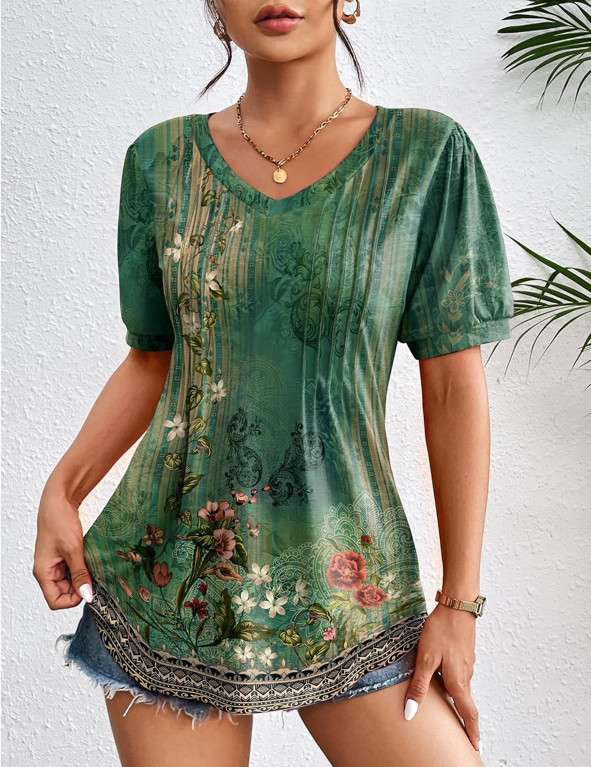 image:imageZeagoo Womens Summer Tops 2026 Puff Short Sleeve Shirts V Neck Tunic blousePa171