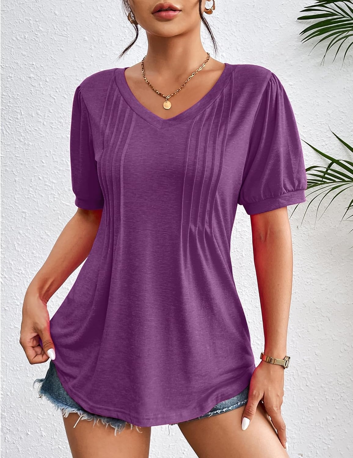 image:imageZeagoo Womens Summer Tops 2026 Puff Short Sleeve Shirts V Neck Tunic blousePurple