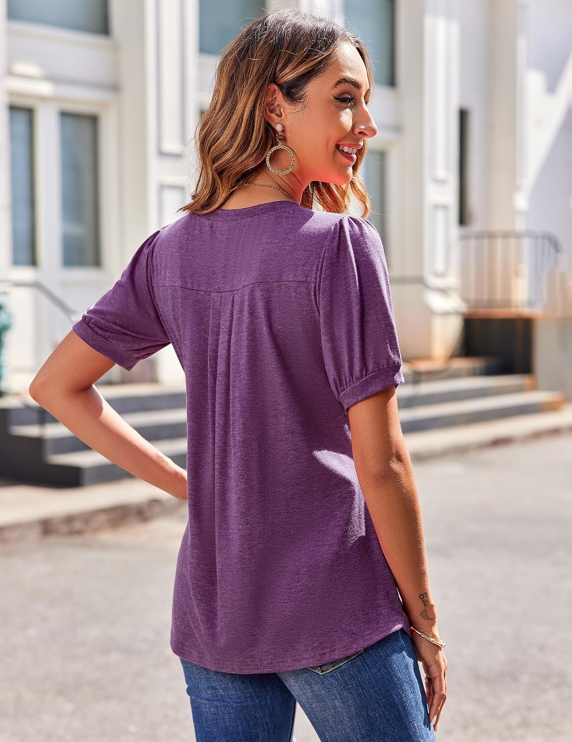 image:imageZeagoo Womens Summer Tops 2026 Puff Short Sleeve Shirts V Neck Tunic blousePurple