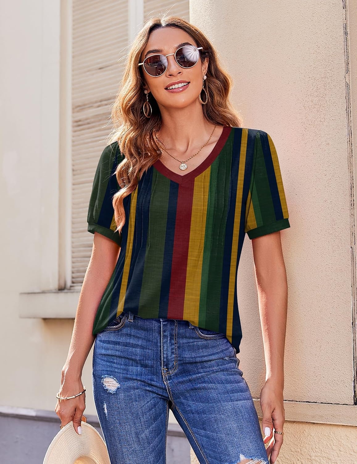 image:imageZeagoo Womens Summer Tops 2026 Puff Short Sleeve Shirts V Neck Tunic blouseStripe Tz275