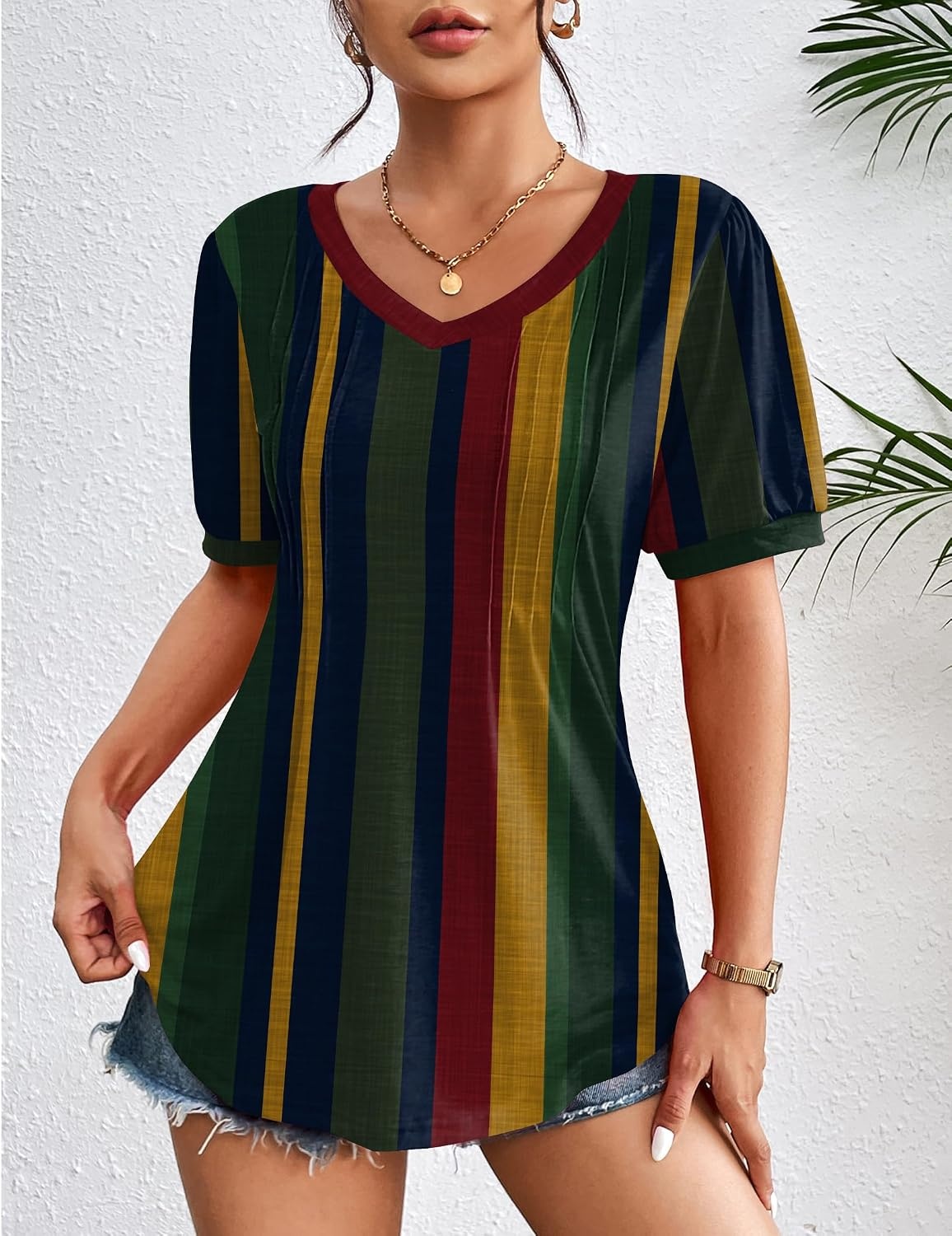 image:imageZeagoo Womens Summer Tops 2026 Puff Short Sleeve Shirts V Neck Tunic blouseStripe Tz275