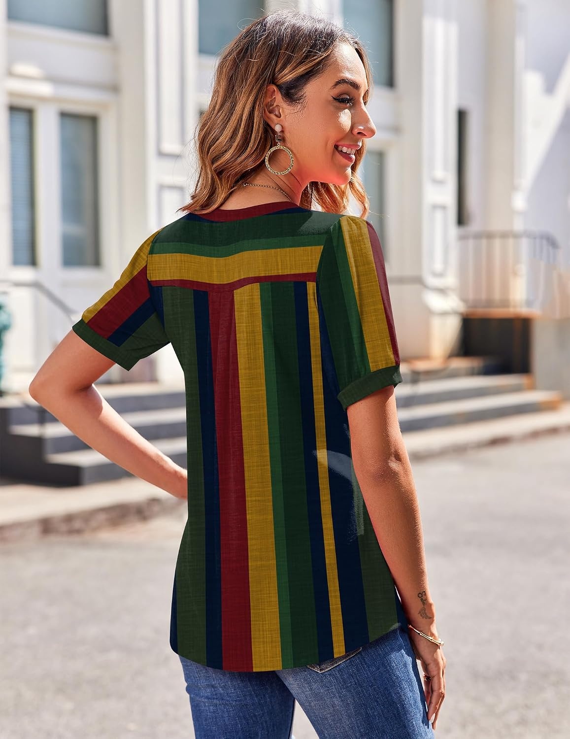 image:imageZeagoo Womens Summer Tops 2026 Puff Short Sleeve Shirts V Neck Tunic blouseStripe Tz275