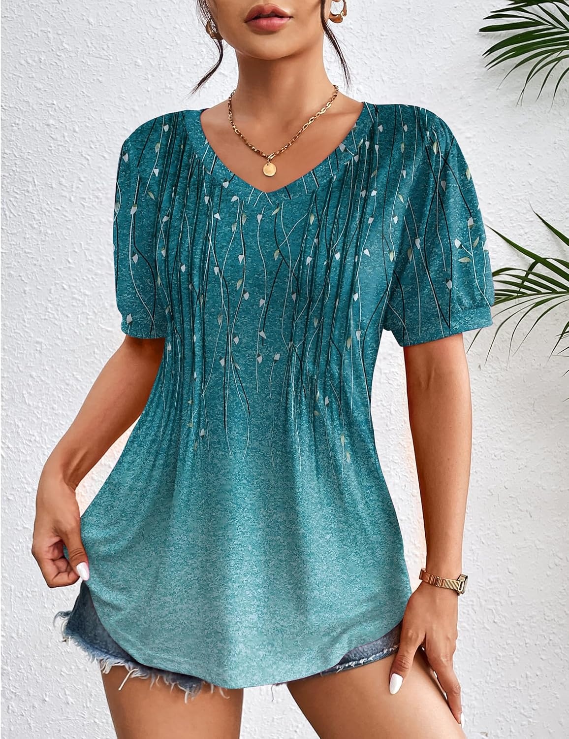 image:imageZeagoo Womens Summer Tops 2026 Puff Short Sleeve Shirts V Neck Tunic blouseXh363
