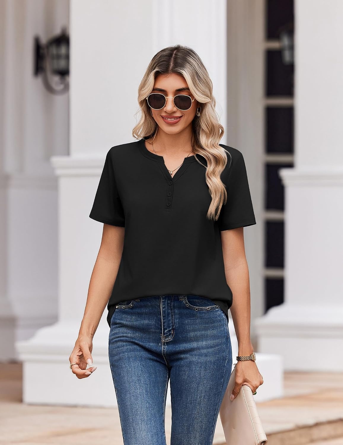 image:imageZeagoo Womens Summer Tops V Neck Short Sleeve Shirts Dressy Casual BlouseAblack