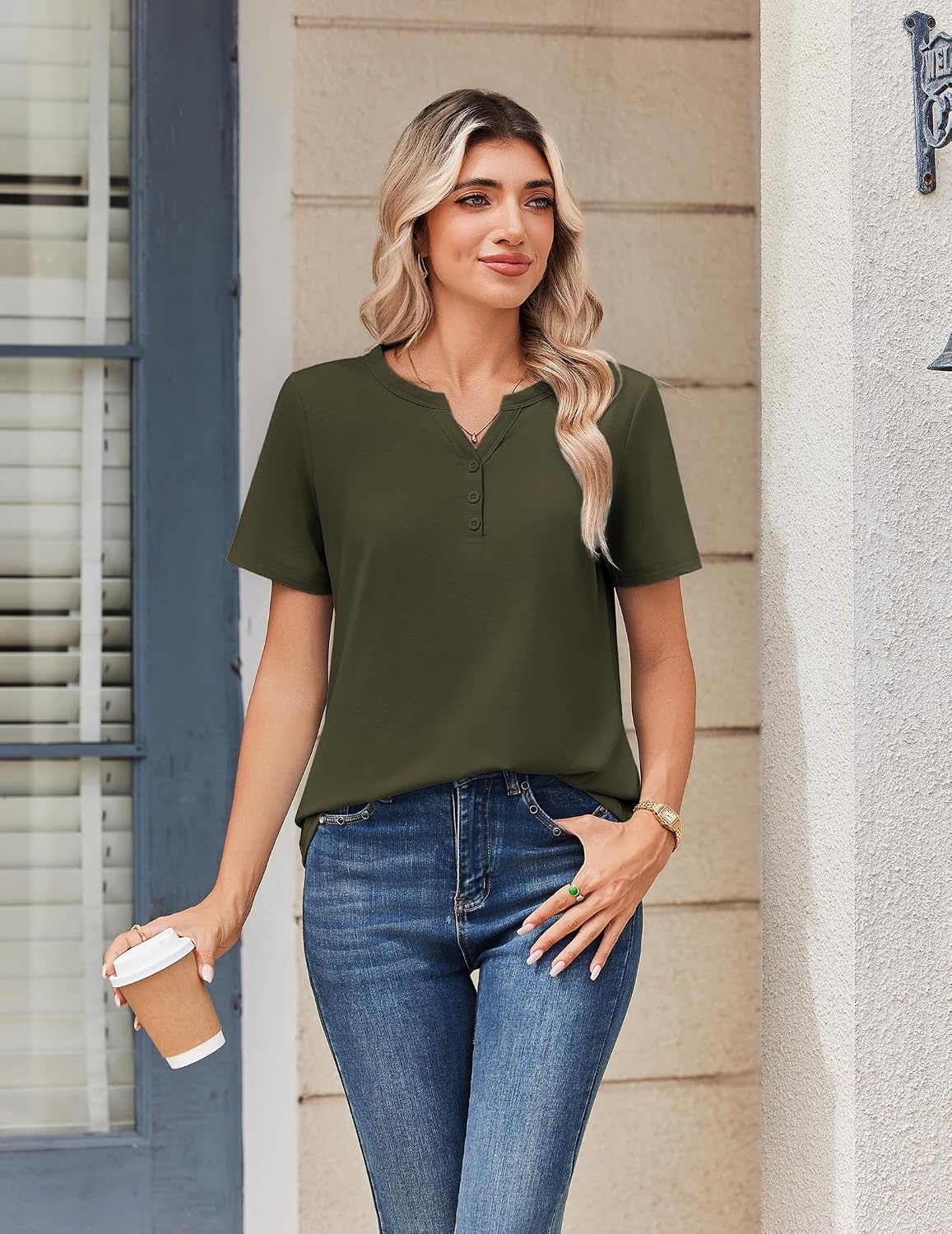 image:imageZeagoo Womens Summer Tops V Neck Short Sleeve Shirts Dressy Casual BlouseArmy Green