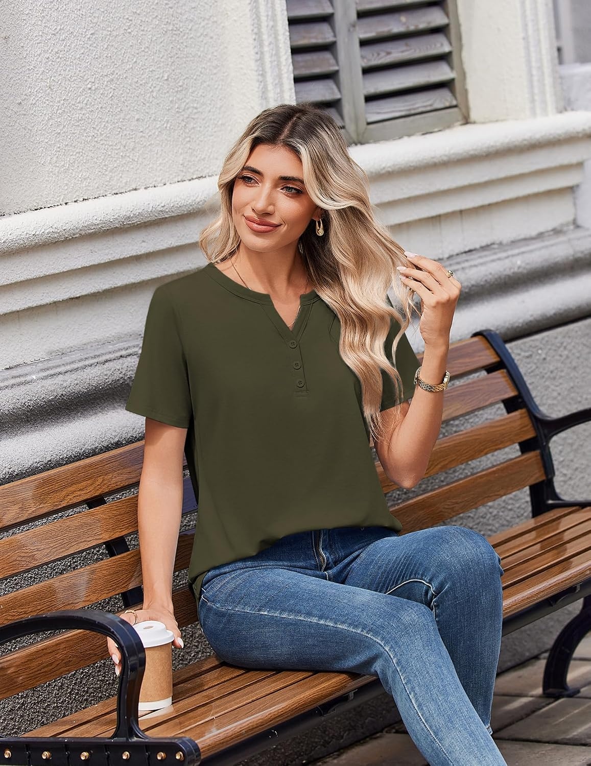 image:imageZeagoo Womens Summer Tops V Neck Short Sleeve Shirts Dressy Casual BlouseArmy Green