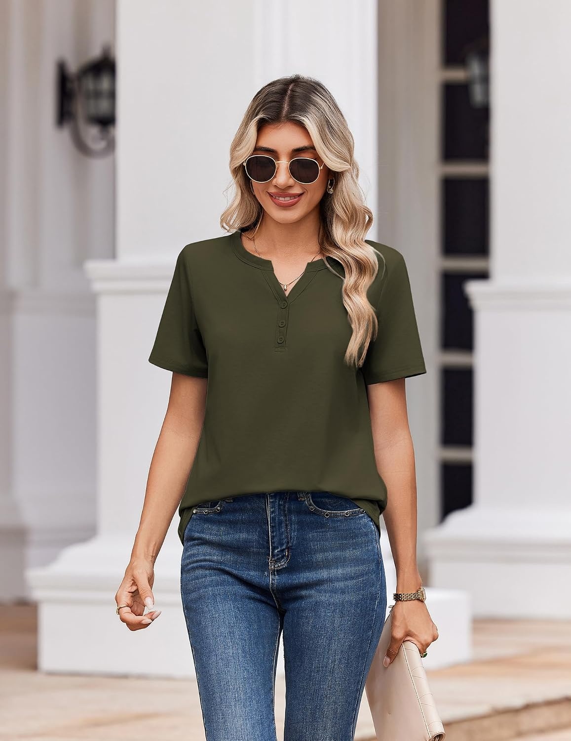 image:imageZeagoo Womens Summer Tops V Neck Short Sleeve Shirts Dressy Casual BlouseArmy Green