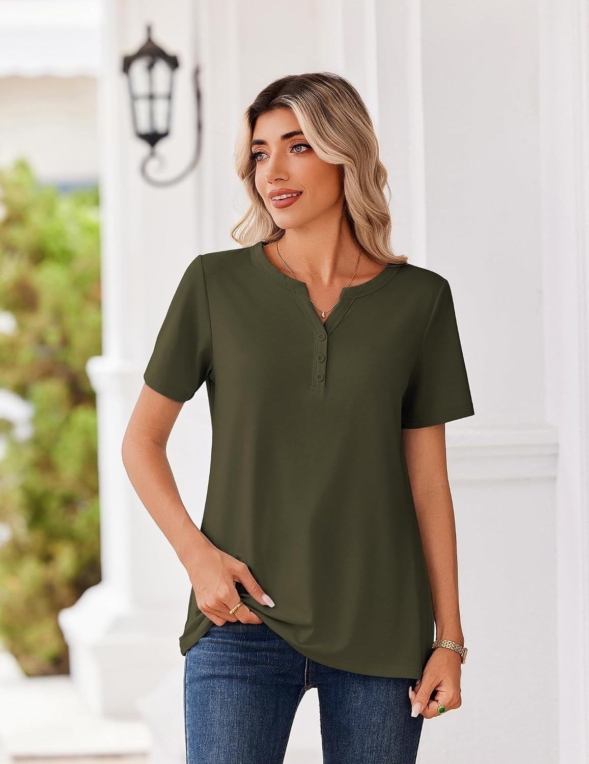 image:imageZeagoo Womens Summer Tops V Neck Short Sleeve Shirts Dressy Casual BlouseArmy Green