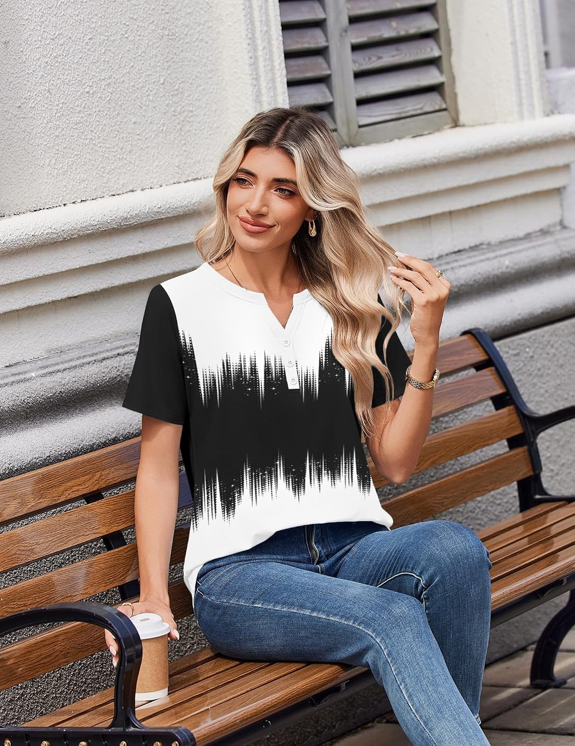 image:imageZeagoo Womens Summer Tops V Neck Short Sleeve Shirts Dressy Casual BlouseBlack White Gradient
