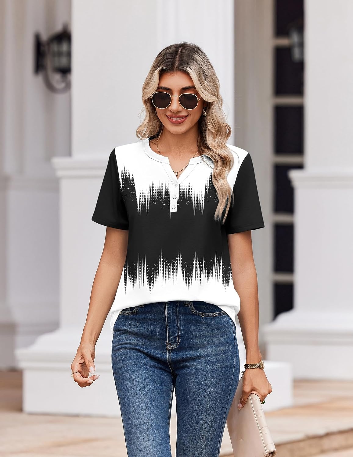 image:imageZeagoo Womens Summer Tops V Neck Short Sleeve Shirts Dressy Casual BlouseBlack White Gradient