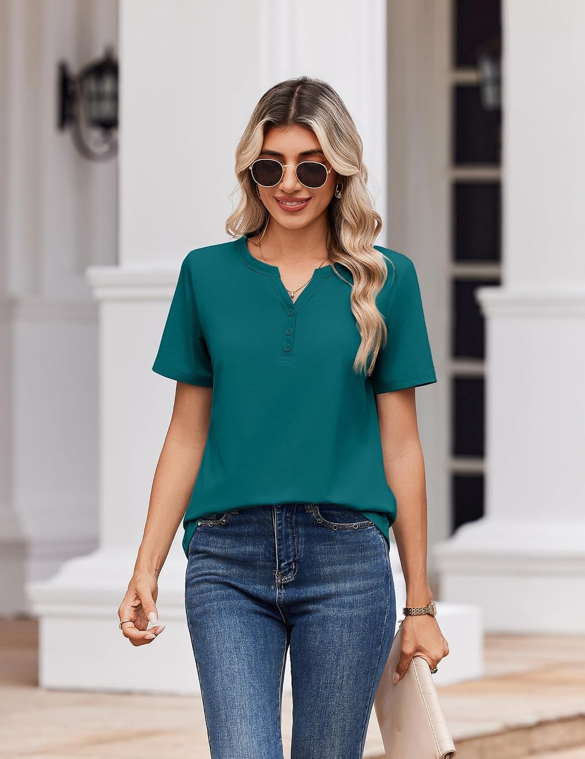 image:imageZeagoo Womens Summer Tops V Neck Short Sleeve Shirts Dressy Casual BlouseBlue Green