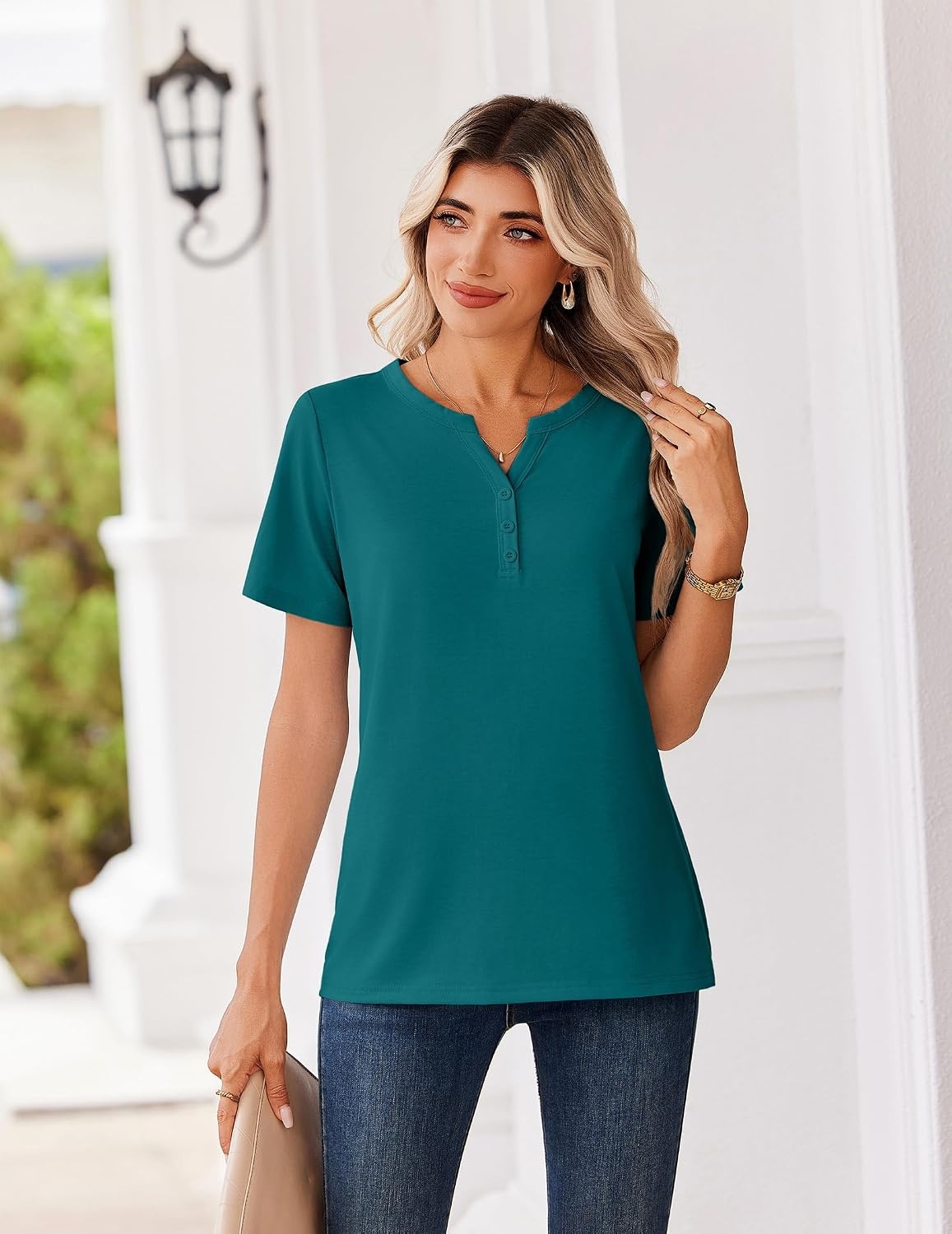image:imageZeagoo Womens Summer Tops V Neck Short Sleeve Shirts Dressy Casual BlouseBlue Green