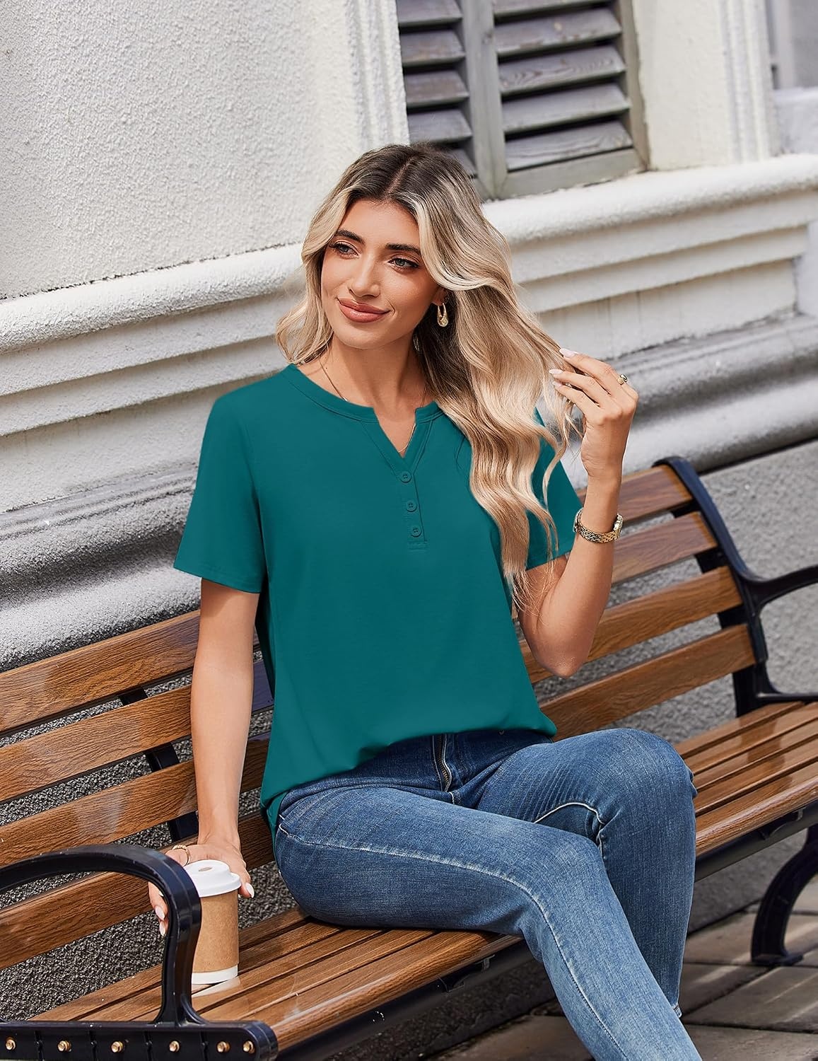 image:imageZeagoo Womens Summer Tops V Neck Short Sleeve Shirts Dressy Casual BlouseBlue Green
