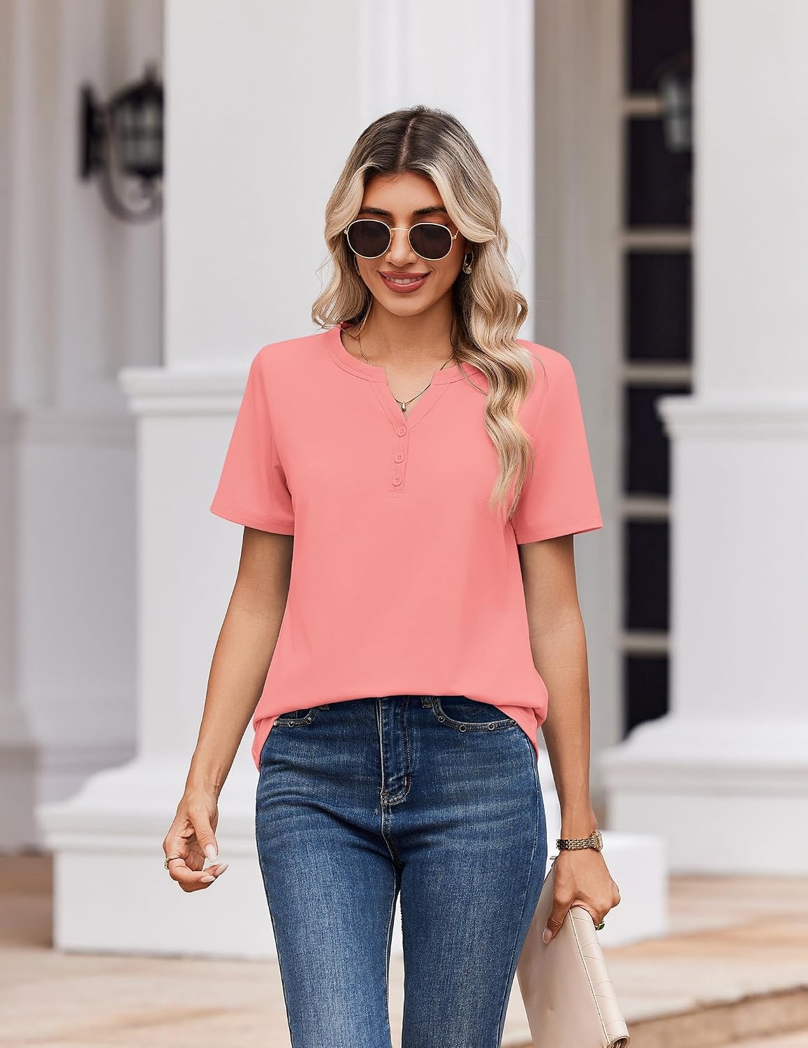 image:imageZeagoo Womens Summer Tops V Neck Short Sleeve Shirts Dressy Casual BlouseCoral