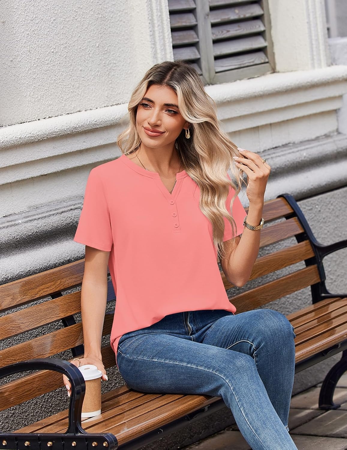 image:imageZeagoo Womens Summer Tops V Neck Short Sleeve Shirts Dressy Casual BlouseCoral
