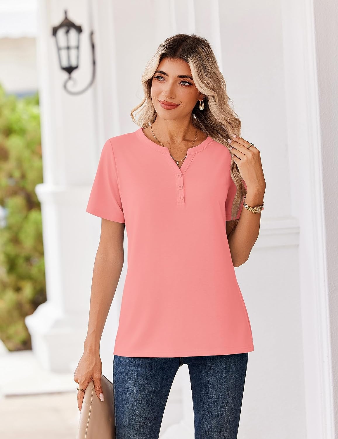 image:imageZeagoo Womens Summer Tops V Neck Short Sleeve Shirts Dressy Casual BlouseCoral