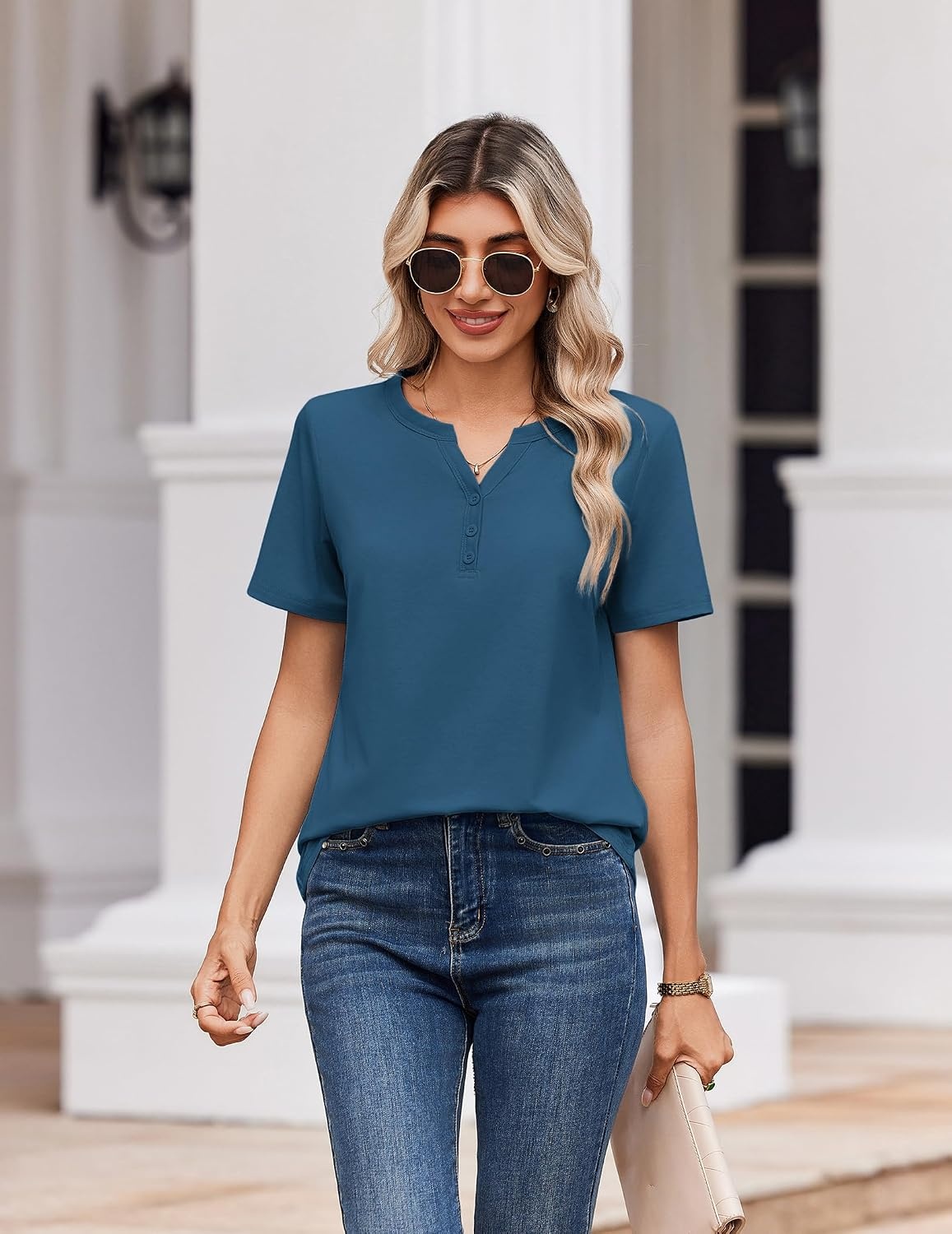 image:imageZeagoo Womens Summer Tops V Neck Short Sleeve Shirts Dressy Casual BlouseDark Blue