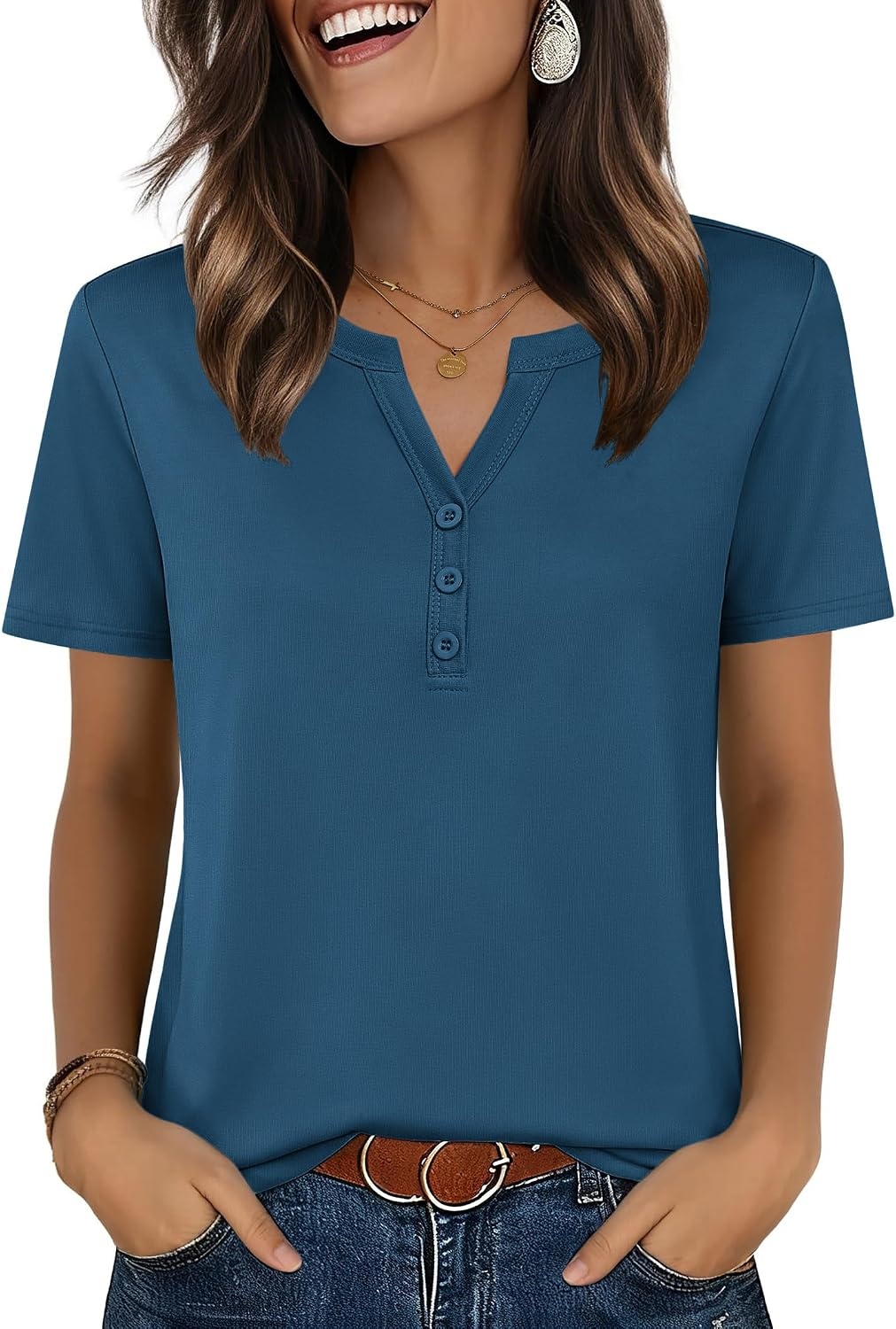 image:imageZeagoo Womens Summer Tops V Neck Short Sleeve Shirts Dressy Casual BlouseDark Blue
