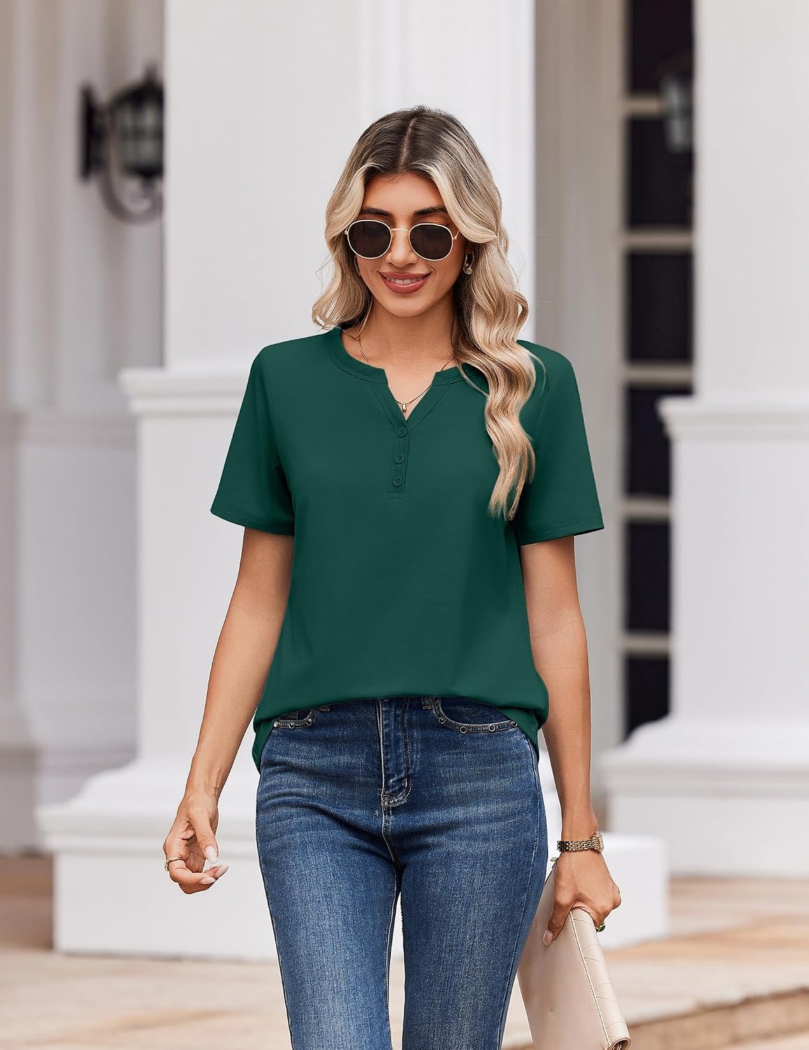 image:imageZeagoo Womens Summer Tops V Neck Short Sleeve Shirts Dressy Casual BlouseGreen
