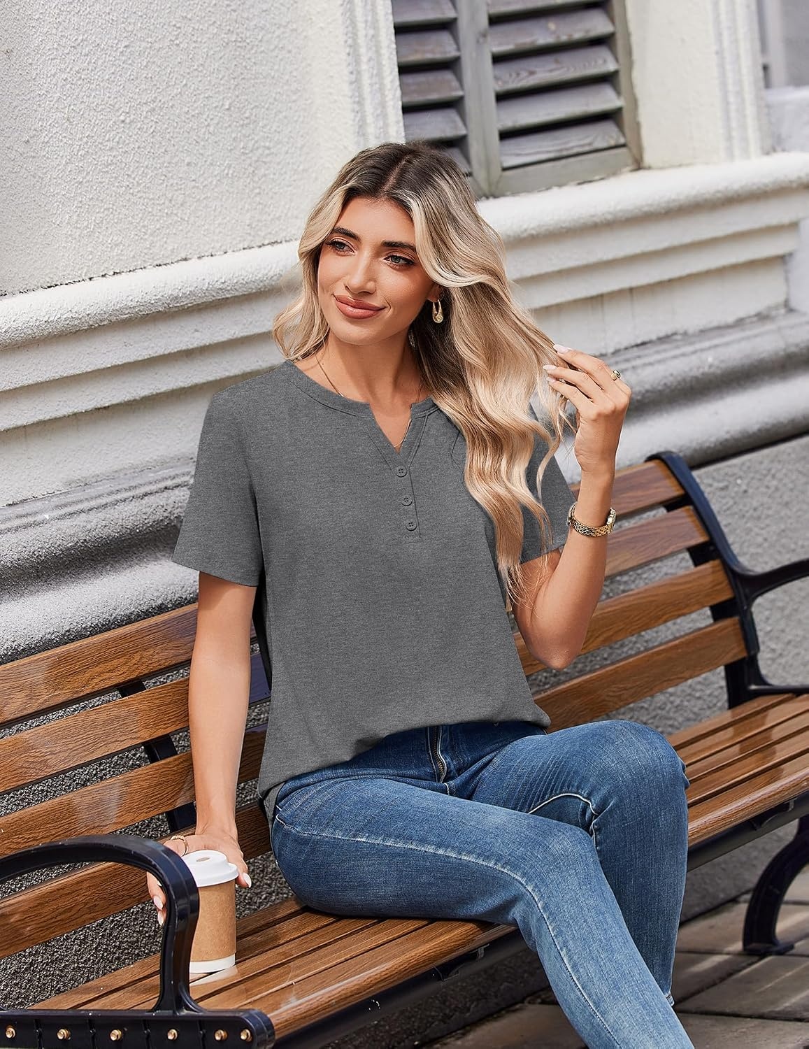 image:imageZeagoo Womens Summer Tops V Neck Short Sleeve Shirts Dressy Casual BlouseGrey