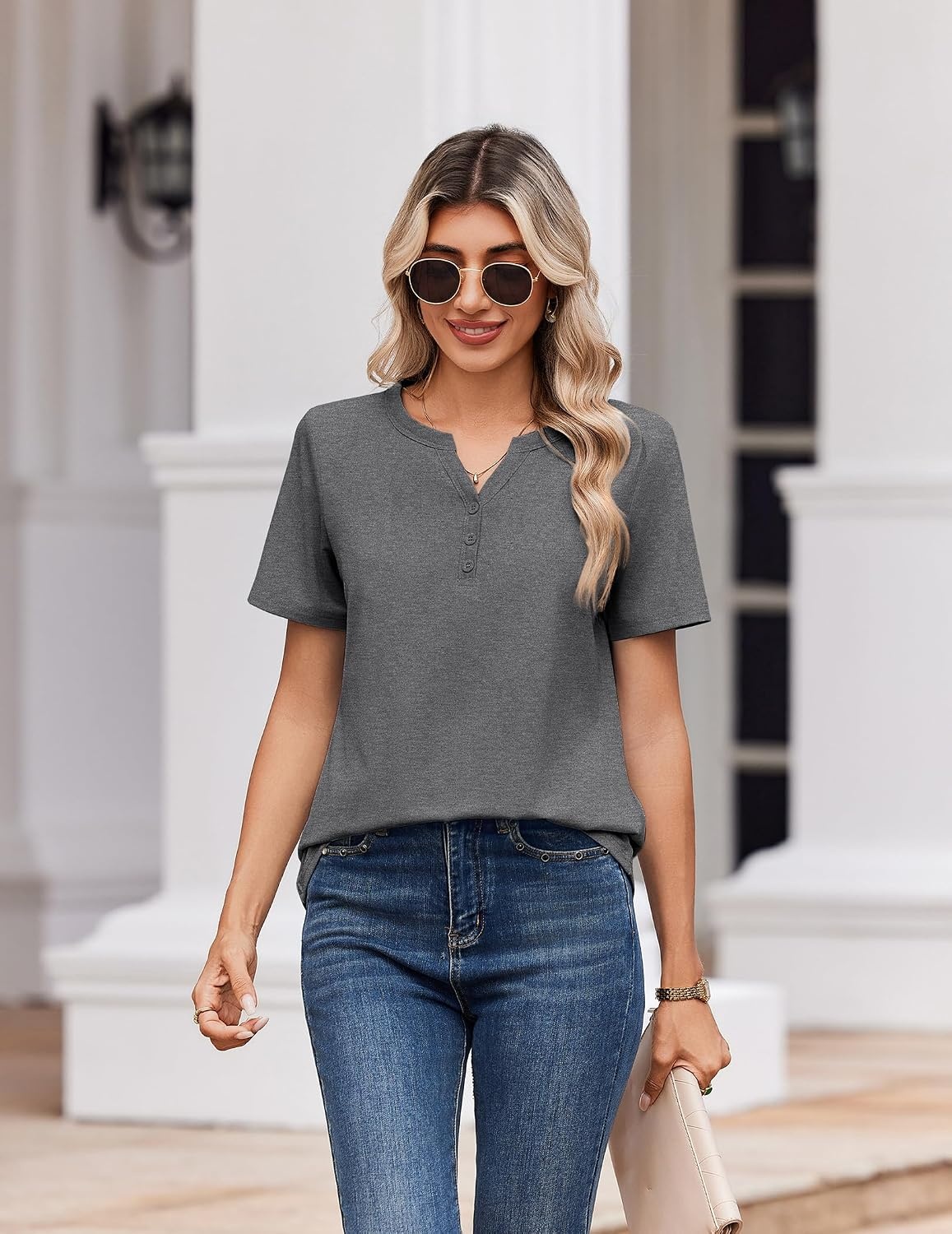 image:imageZeagoo Womens Summer Tops V Neck Short Sleeve Shirts Dressy Casual BlouseGrey