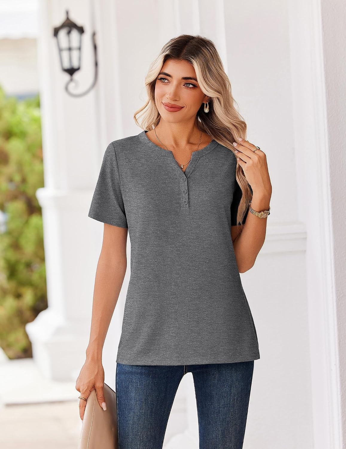 image:imageZeagoo Womens Summer Tops V Neck Short Sleeve Shirts Dressy Casual BlouseGrey