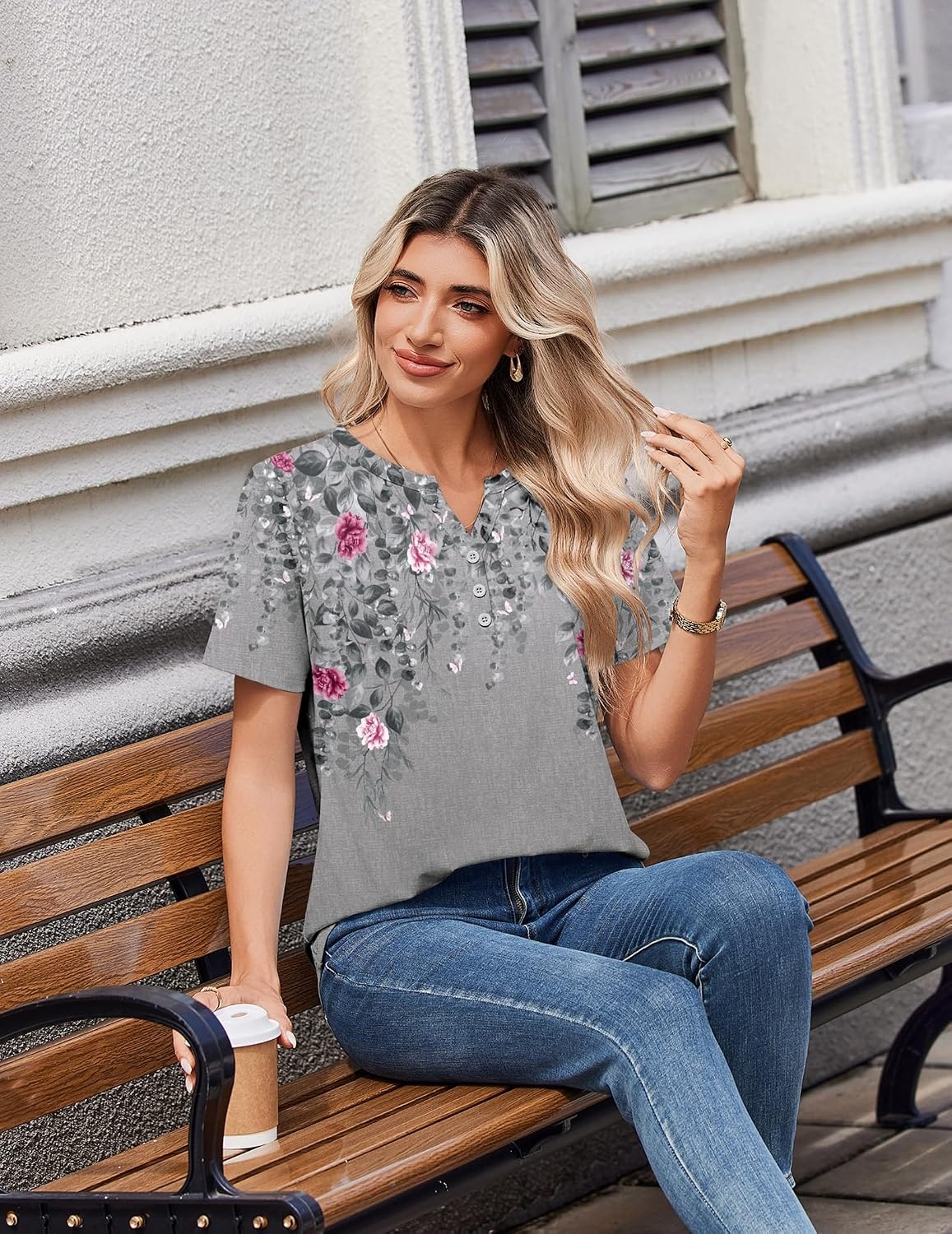 image:imageZeagoo Womens Summer Tops V Neck Short Sleeve Shirts Dressy Casual BlouseGrey Floral