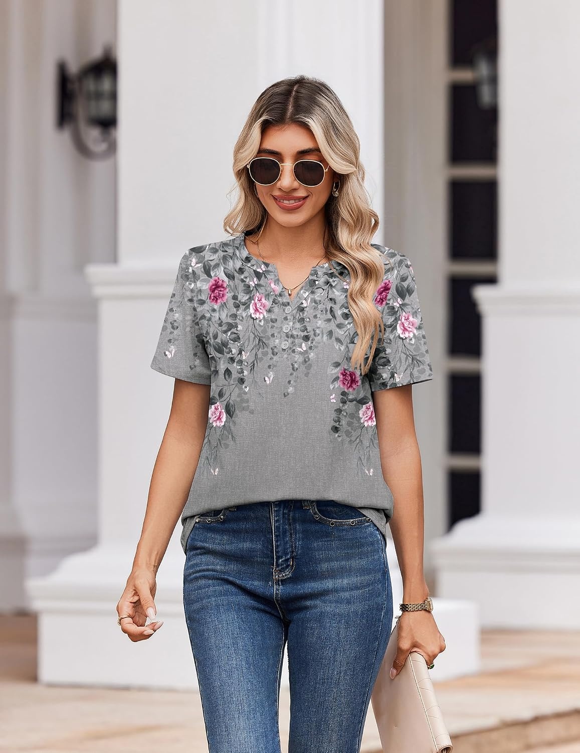image:imageZeagoo Womens Summer Tops V Neck Short Sleeve Shirts Dressy Casual BlouseGrey Floral