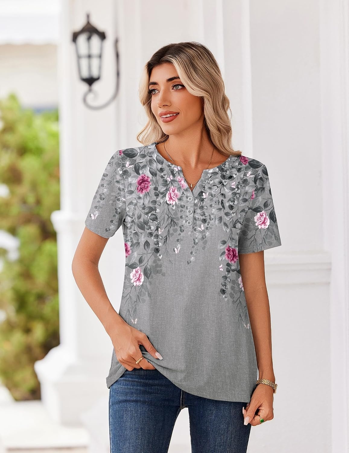 image:imageZeagoo Womens Summer Tops V Neck Short Sleeve Shirts Dressy Casual BlouseGrey Floral