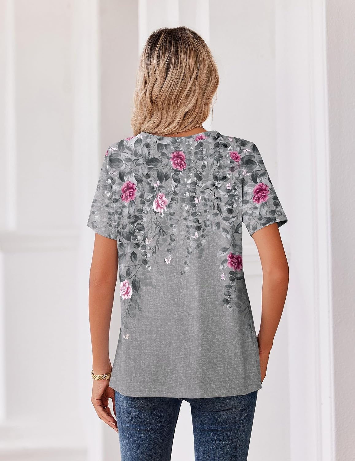 image:imageZeagoo Womens Summer Tops V Neck Short Sleeve Shirts Dressy Casual BlouseGrey Floral