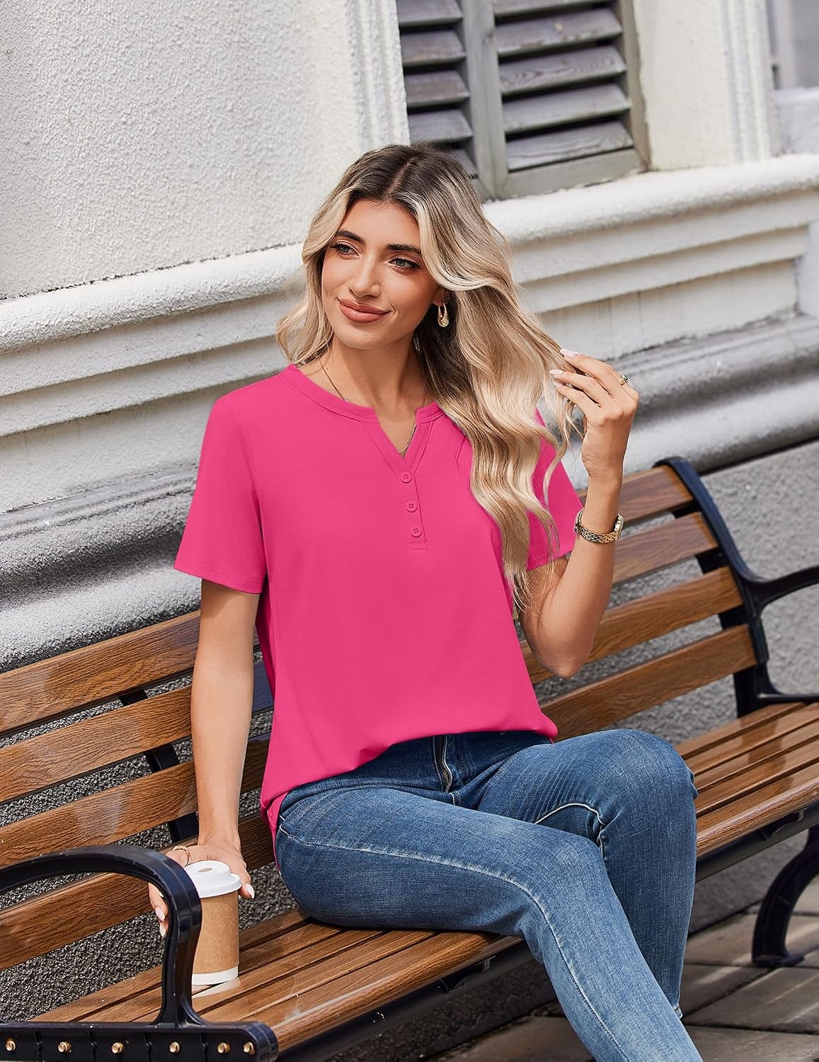 image:imageZeagoo Womens Summer Tops V Neck Short Sleeve Shirts Dressy Casual BlouseHot Pink