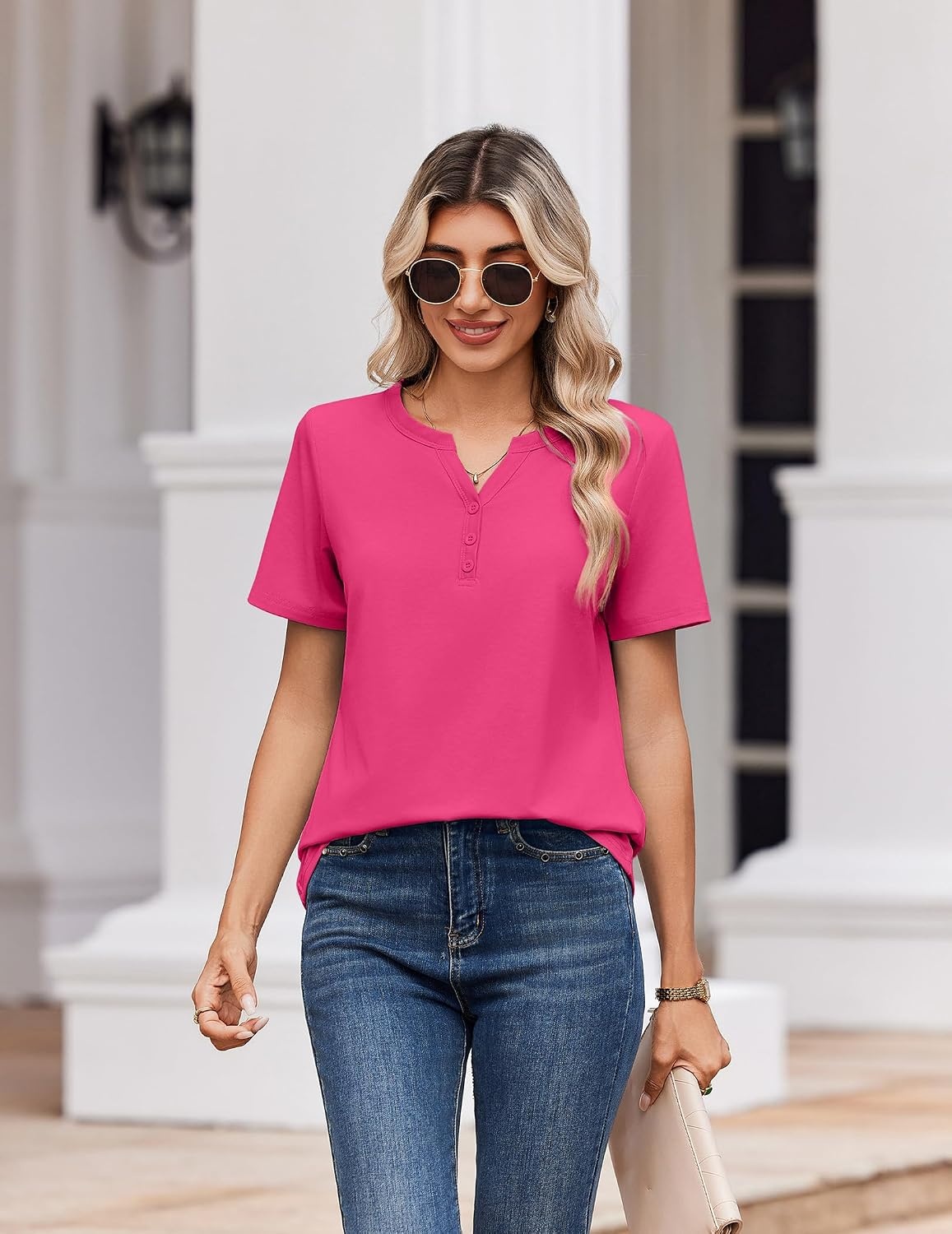 image:imageZeagoo Womens Summer Tops V Neck Short Sleeve Shirts Dressy Casual BlouseHot Pink