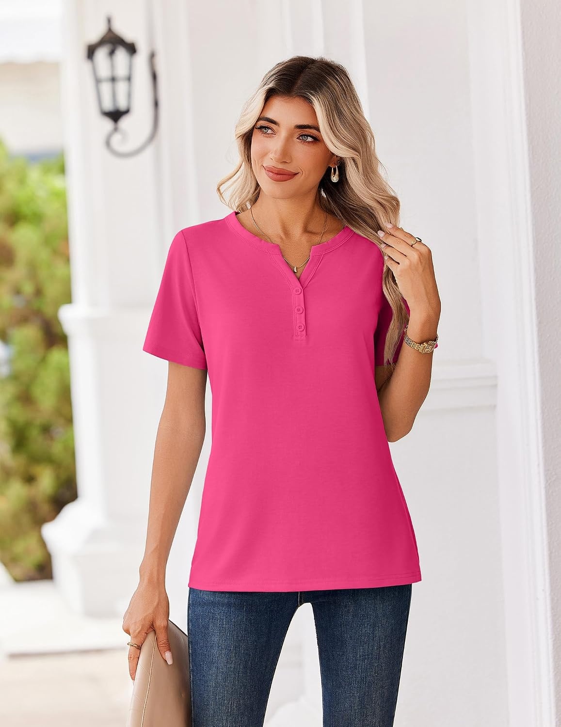 image:imageZeagoo Womens Summer Tops V Neck Short Sleeve Shirts Dressy Casual BlouseHot Pink