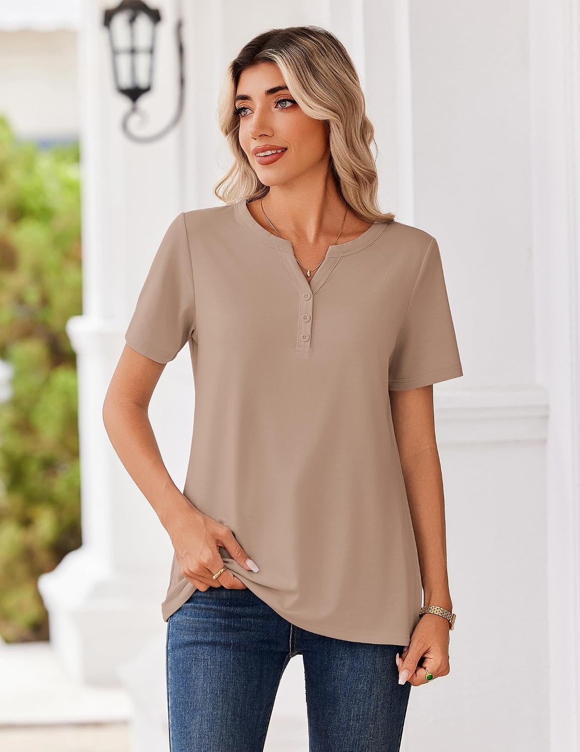 image:imageZeagoo Womens Summer Tops V Neck Short Sleeve Shirts Dressy Casual BlouseKhaki