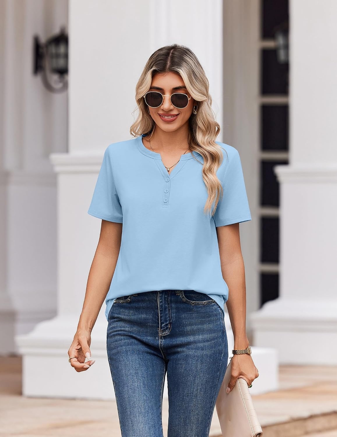 image:imageZeagoo Womens Summer Tops V Neck Short Sleeve Shirts Dressy Casual BlouseLight Blue